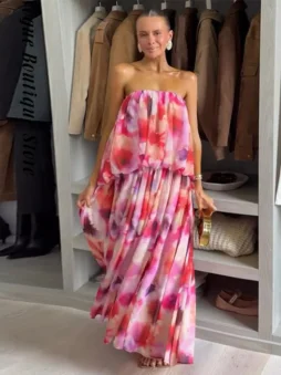Printed Backless Ruffle Maxi Dress