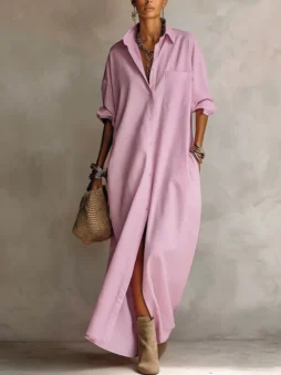 Button Front Long Sleeve Shirt Maxi Dress