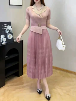 Solid Color Pleated Collar Midi Dress